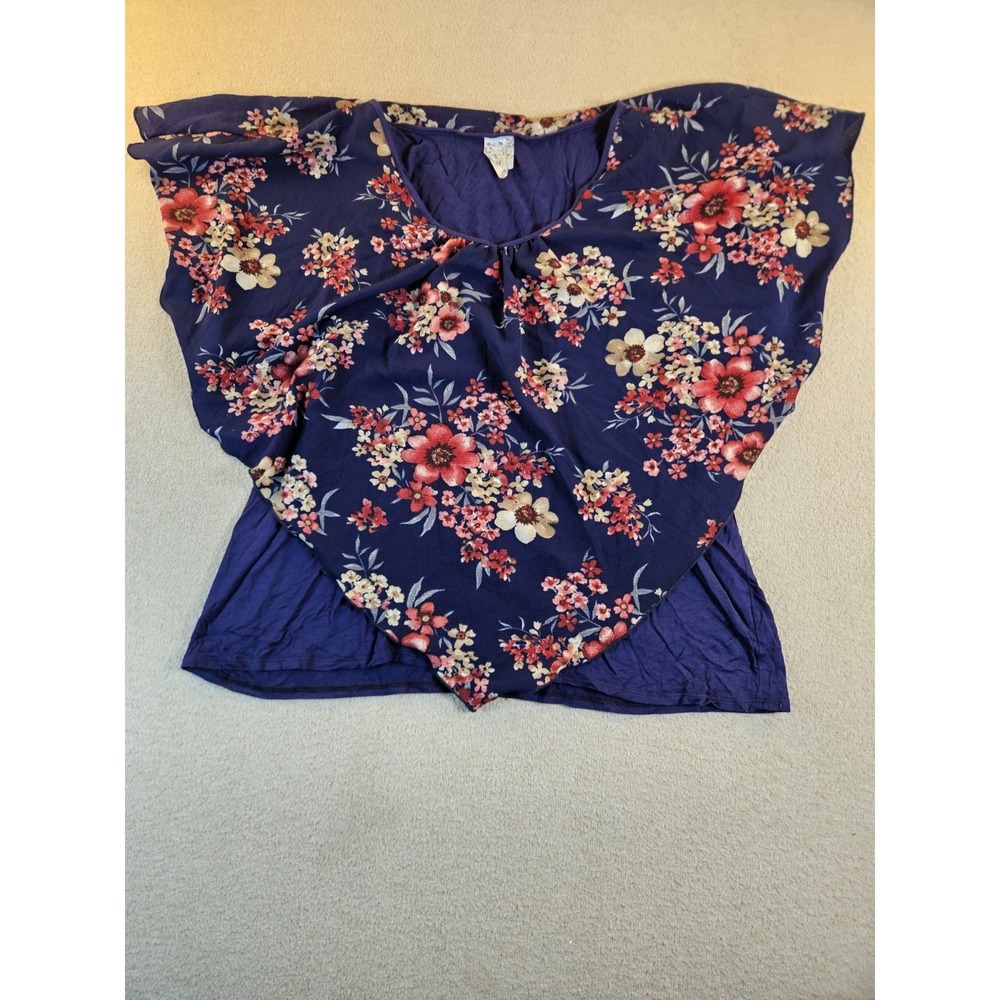 Naif Women's 3X Navy Blue Floral Layered Poncho Blouse Top Plus Size Stretch